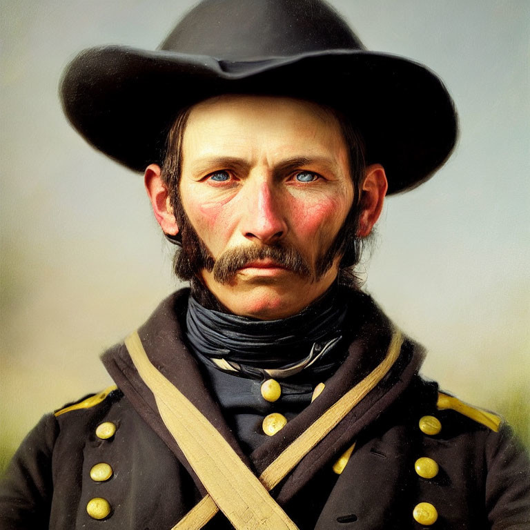Stern man in black hat and military jacket with mustache