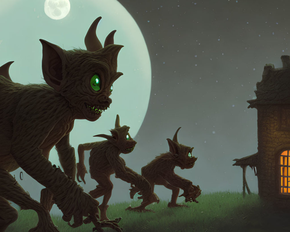 Menacing goblin-like creatures near illuminated cottage under full moon