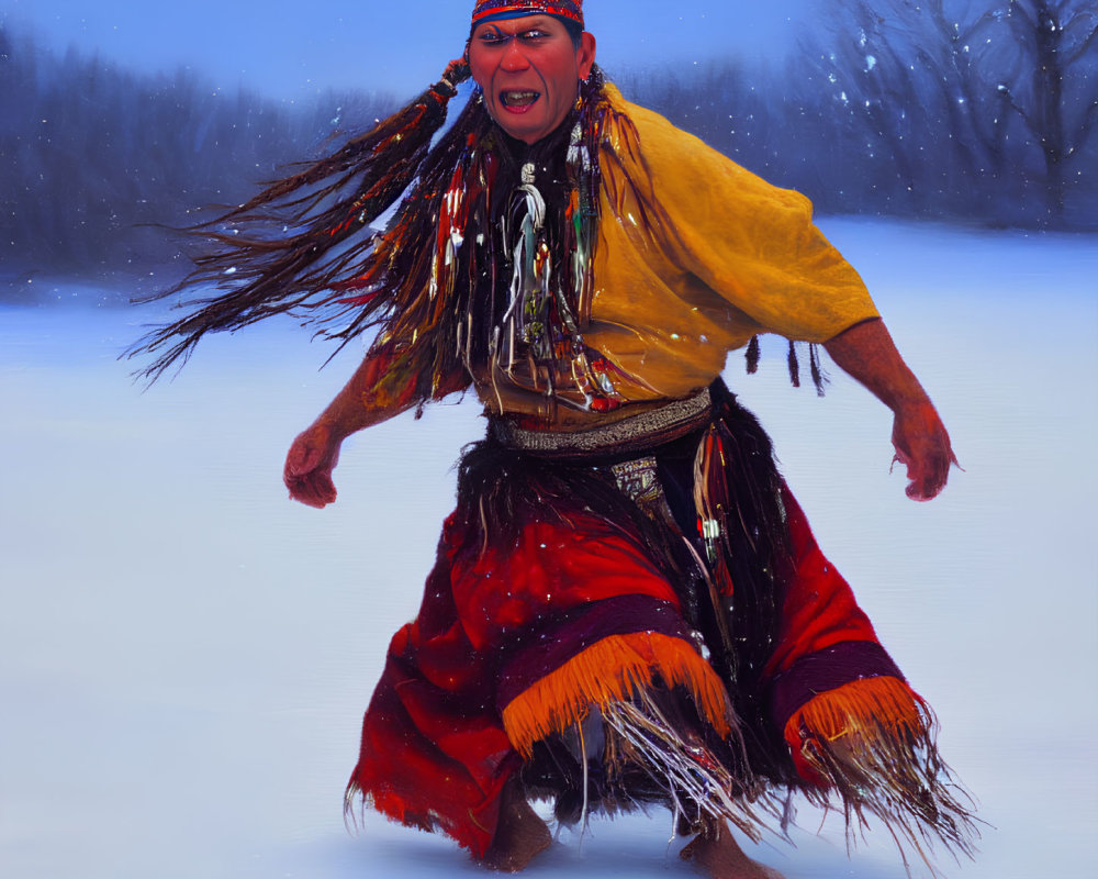 Vibrant Native American regalia dancer in snowy landscape