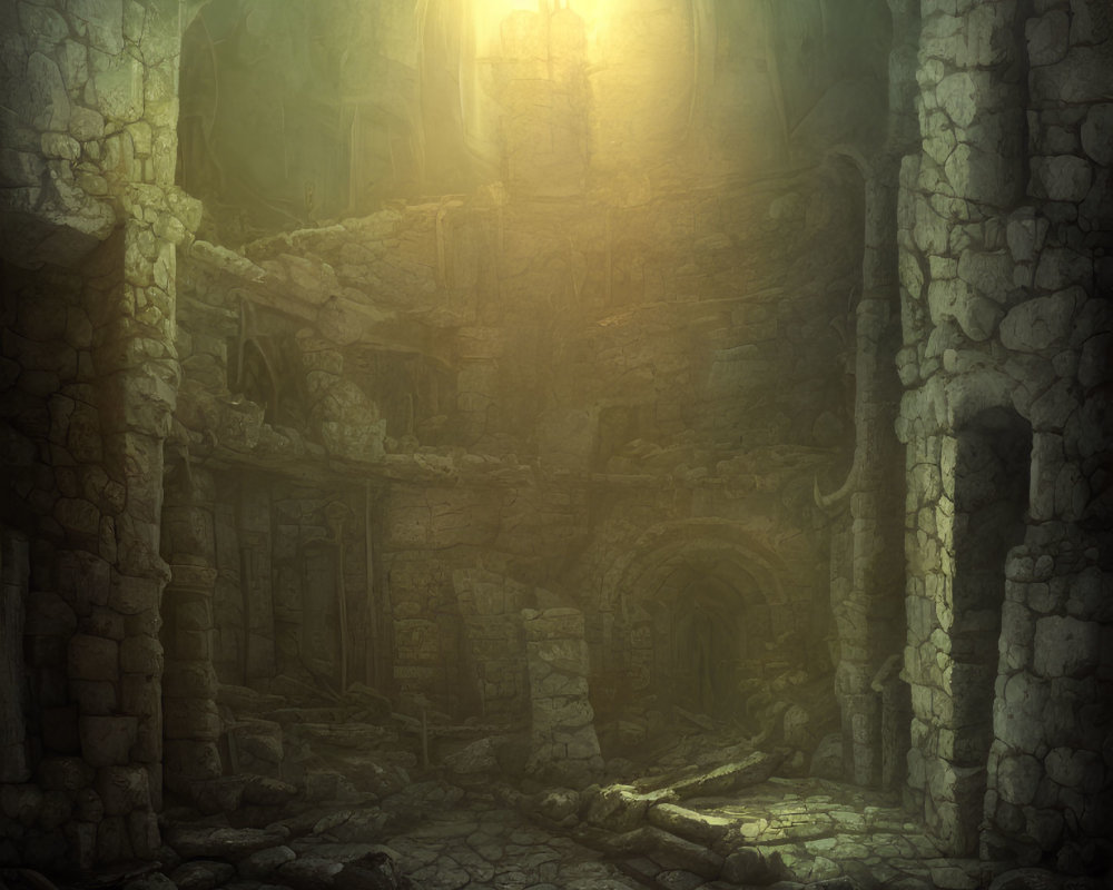 Mystical underground ruins with glowing lantern and overgrown arches