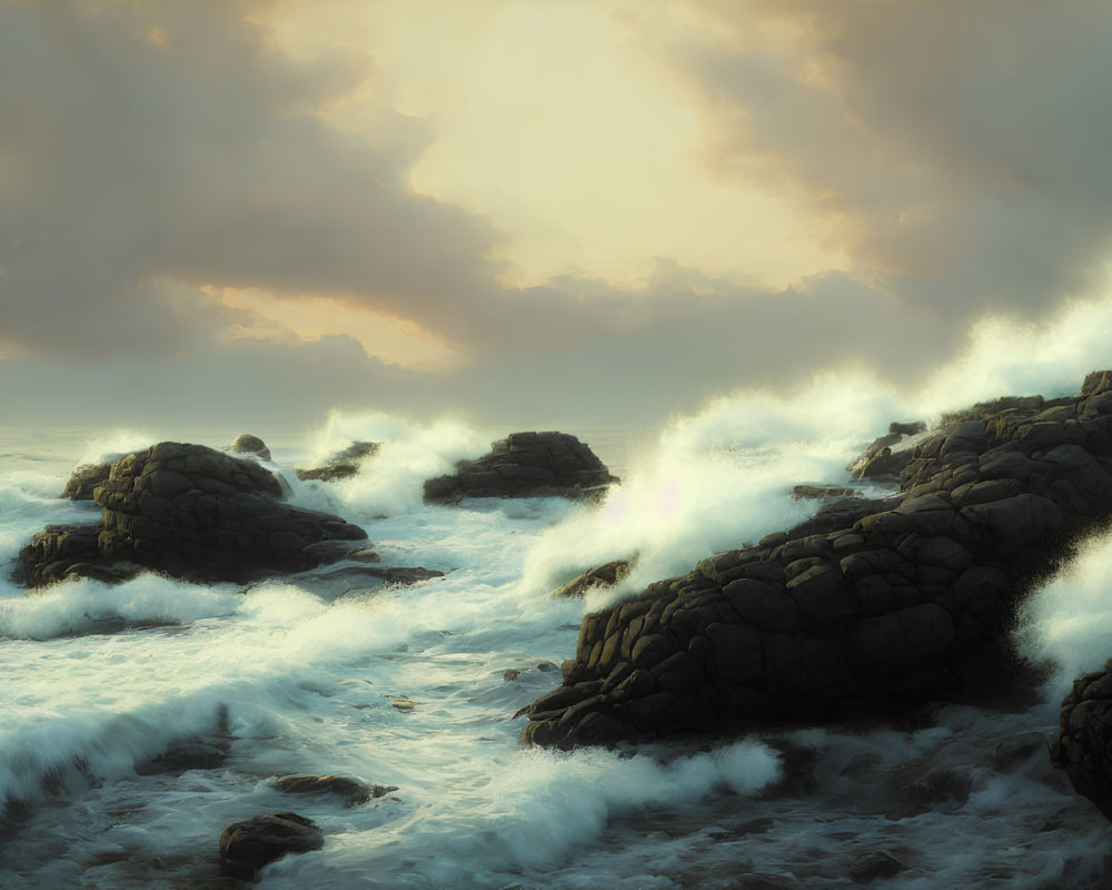 Sunlight Piercing Dramatic Seascape with Rough Waves & Rugged Rocks