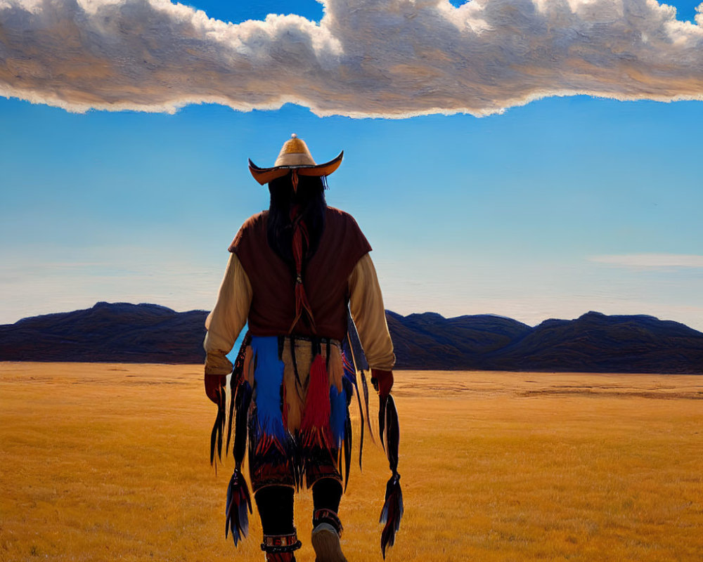 Native American person in traditional attire on grassland under vast sky.