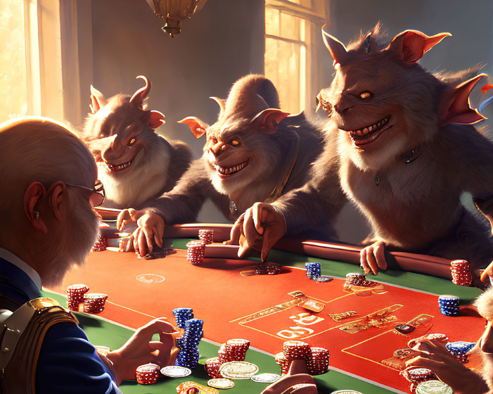 Elderly man playing poker with mischievous creatures in warmly lit room