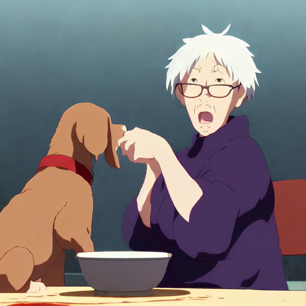 Elderly Person with White Hair and Glasses Surprises Brown Dog at Table