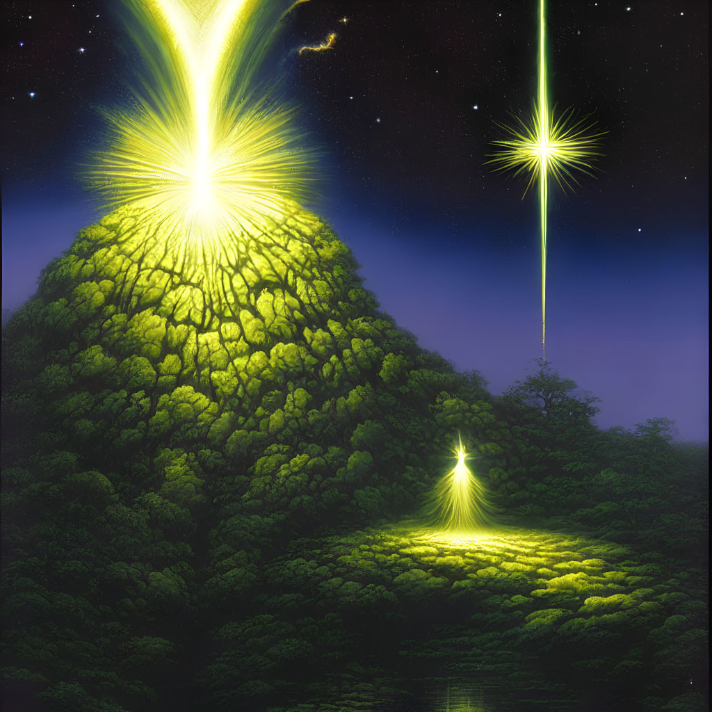 Glowing mountain and radiant trees in fantastical landscape