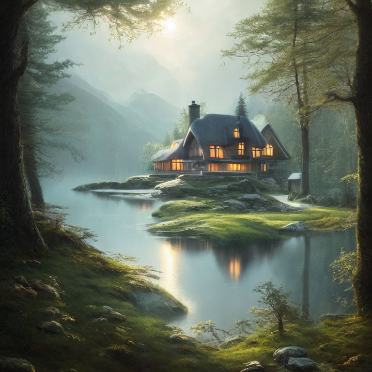 Tranquil cottage by serene lake at sunset