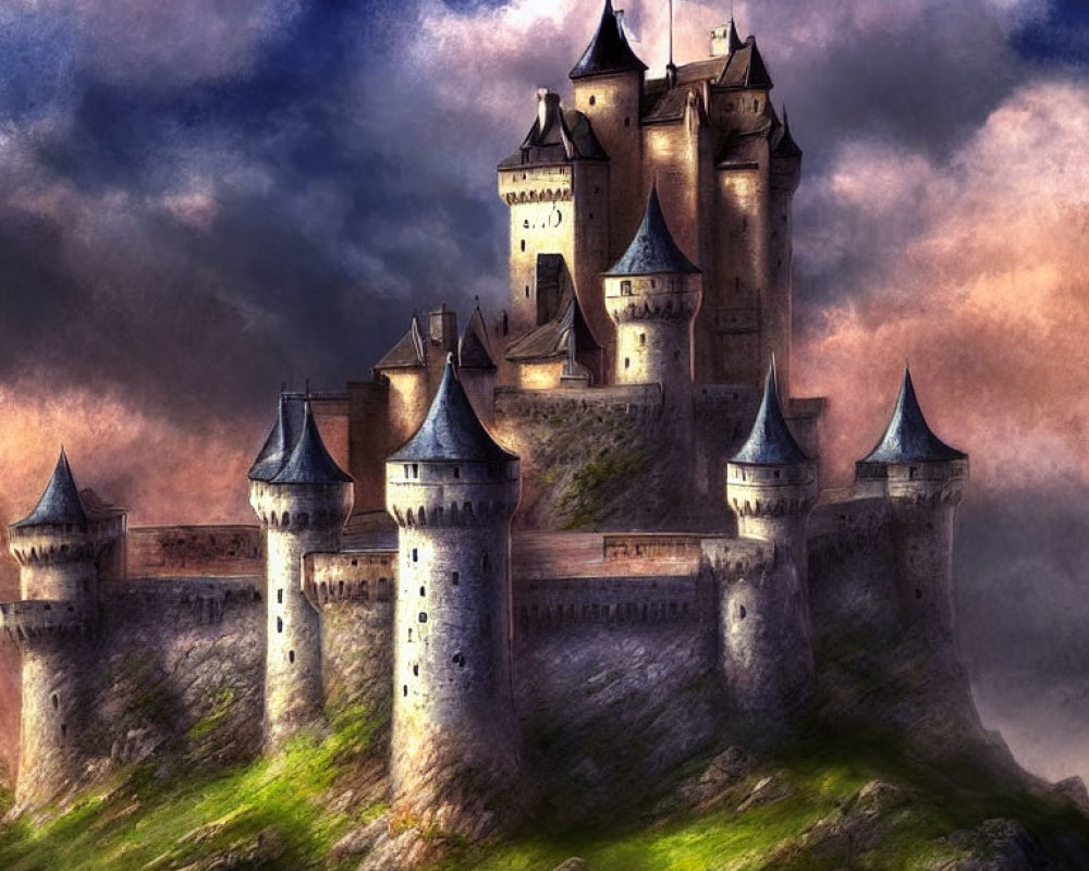 Medieval castle with spires, stone walls, and towers under dramatic cloudy sky