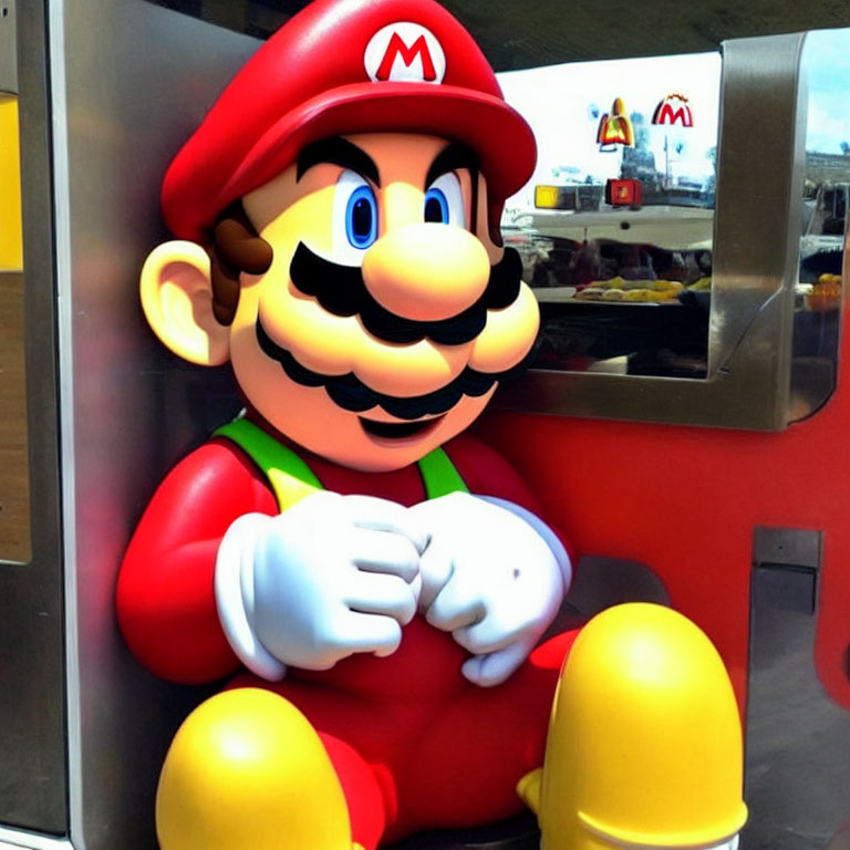Nintendo franchise character statue in red attire and M cap, displayed in front of window reflections