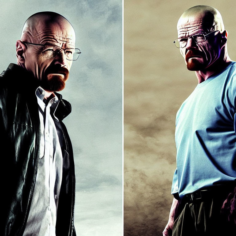Bald Man with Glasses, Beard, and Mustache in Two Outfits Against Dramatic Backdrop