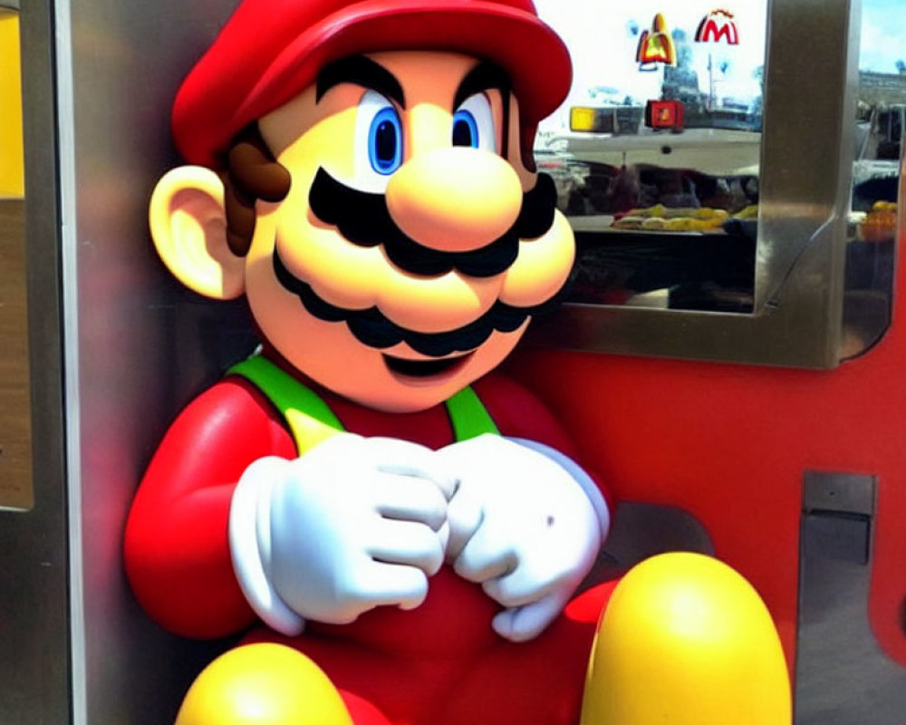 Nintendo franchise character statue in red attire and M cap, displayed in front of window reflections