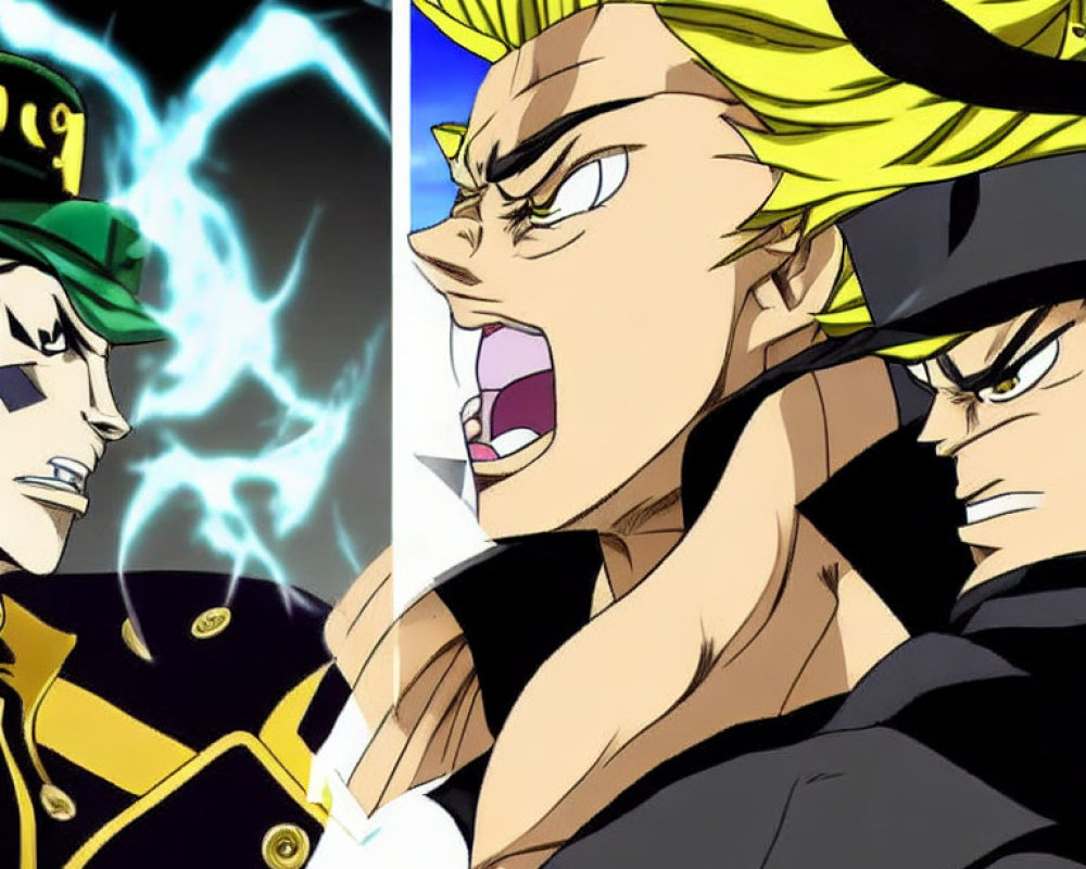 Animated characters with black cap and green top with electricity, alongside character with spiky blond hair yelling