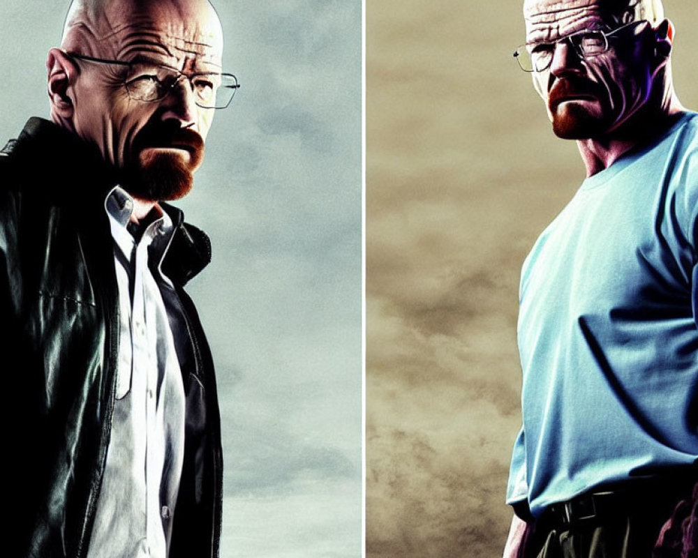 Bald Man with Glasses, Beard, and Mustache in Two Outfits Against Dramatic Backdrop