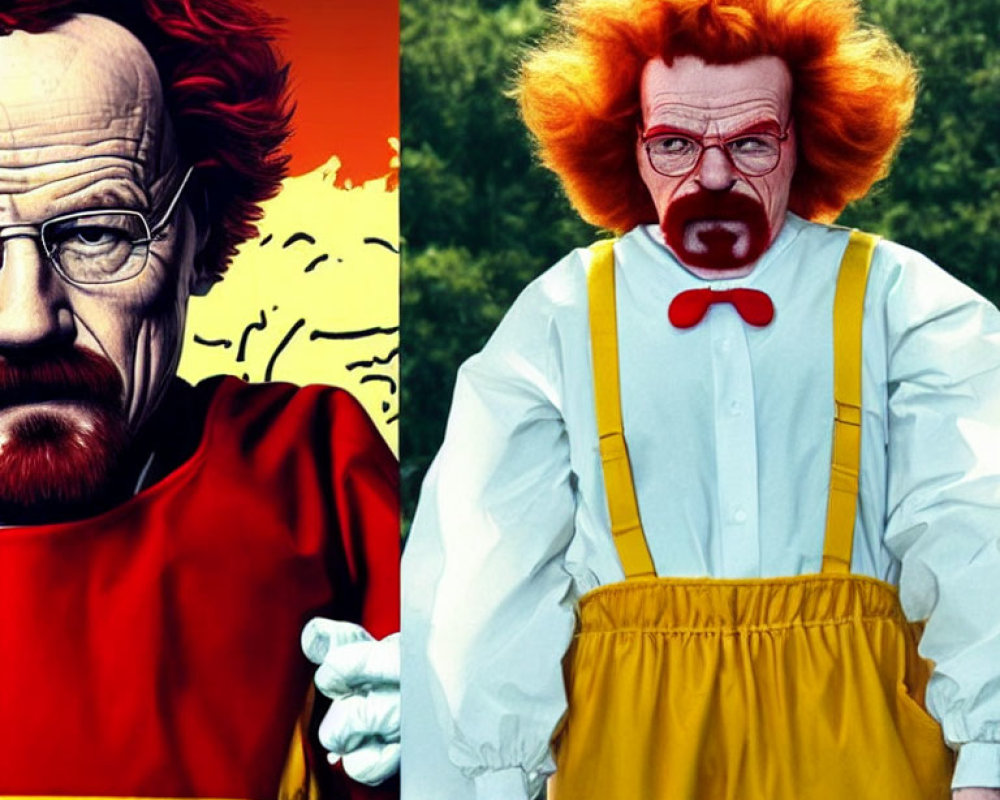 Split image of serious man and clown with contrasting expressions