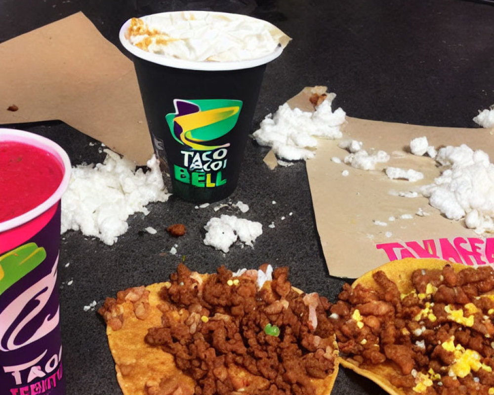 Messy Taco Bell meal with scattered rice, toppled cup, taco shell, and crumpled