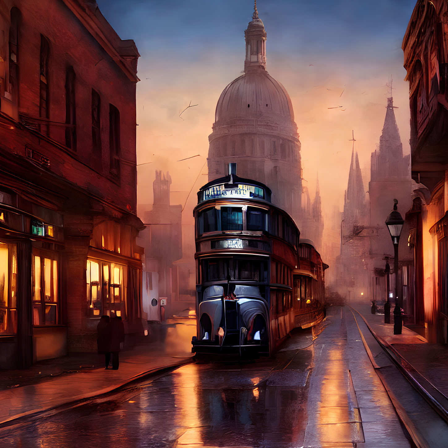Vintage double-decker bus on cobblestone street near St. Paul's Cathedral at dusk with birds