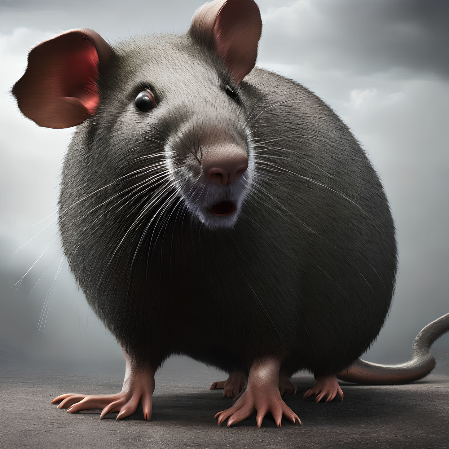 Detailed image of plump rat with shiny fur and large ears on grey background