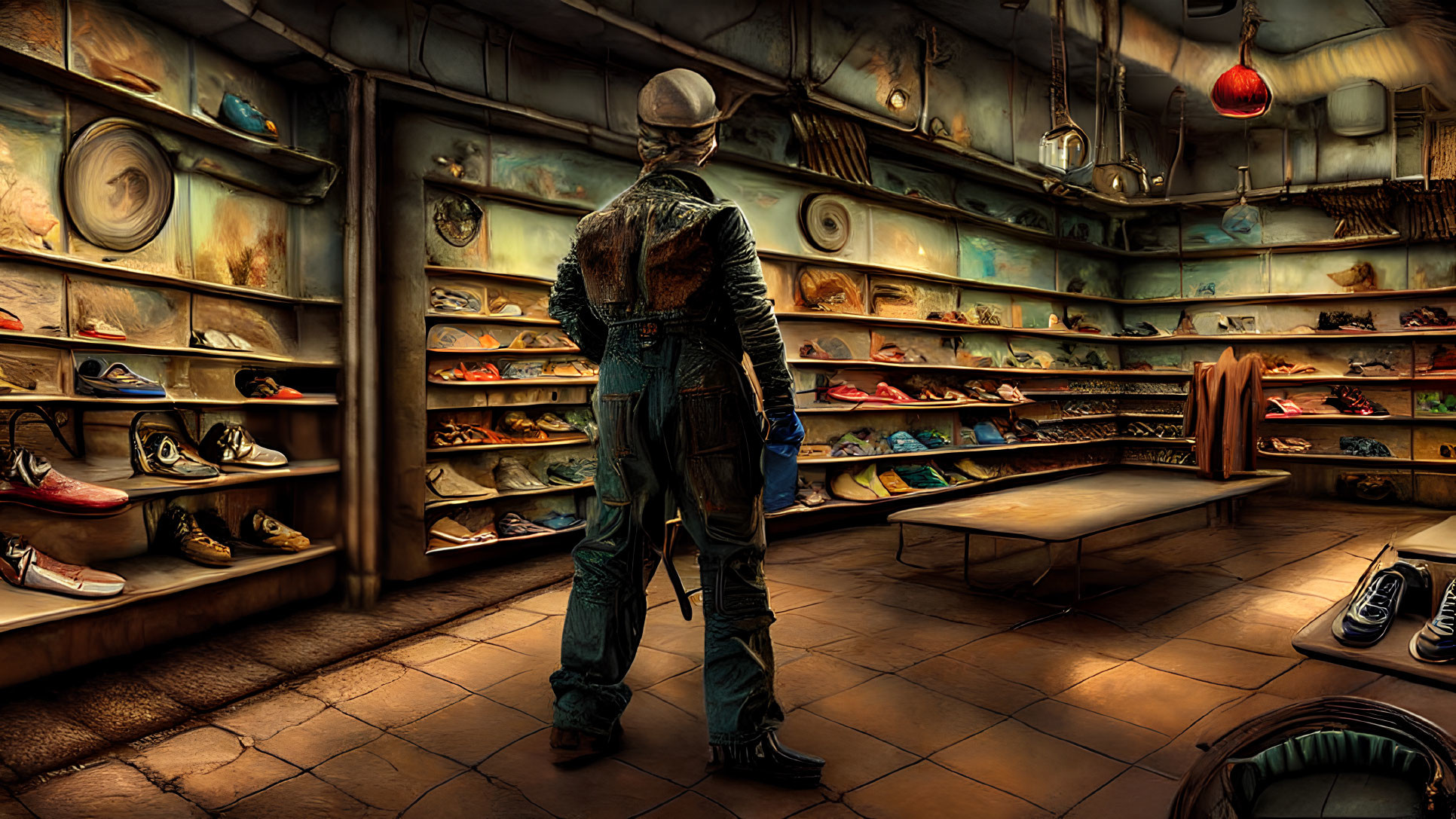 Person in Overalls Surrounded by Assorted Shoes on Wooden Shelves