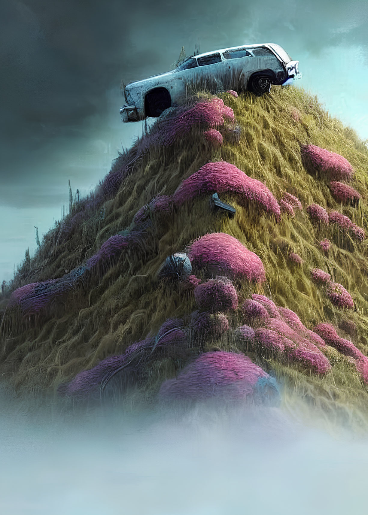 Vintage car on grassy mound in mist with pink shrubs