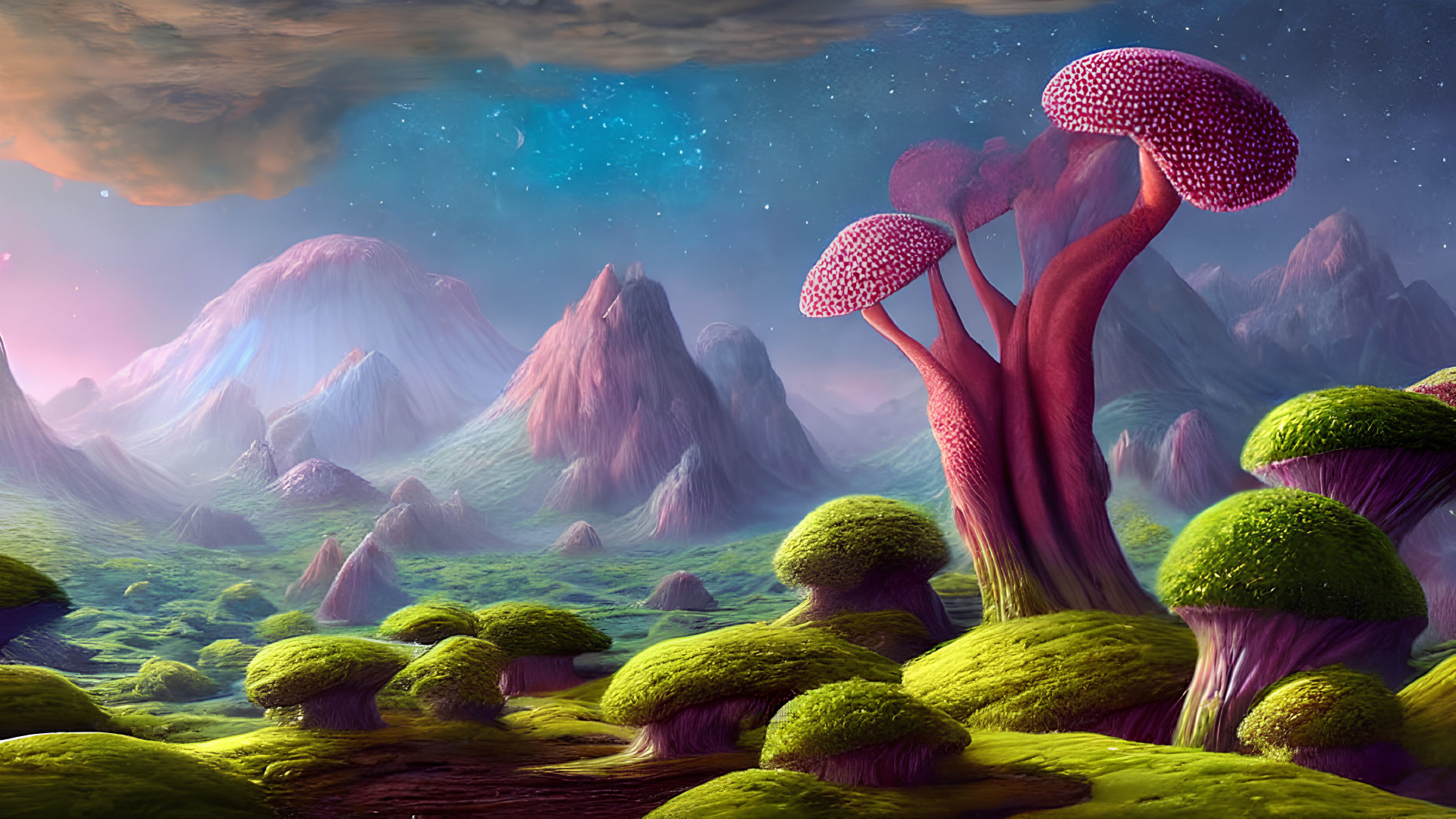 Vibrant oversized mushrooms in surreal landscape