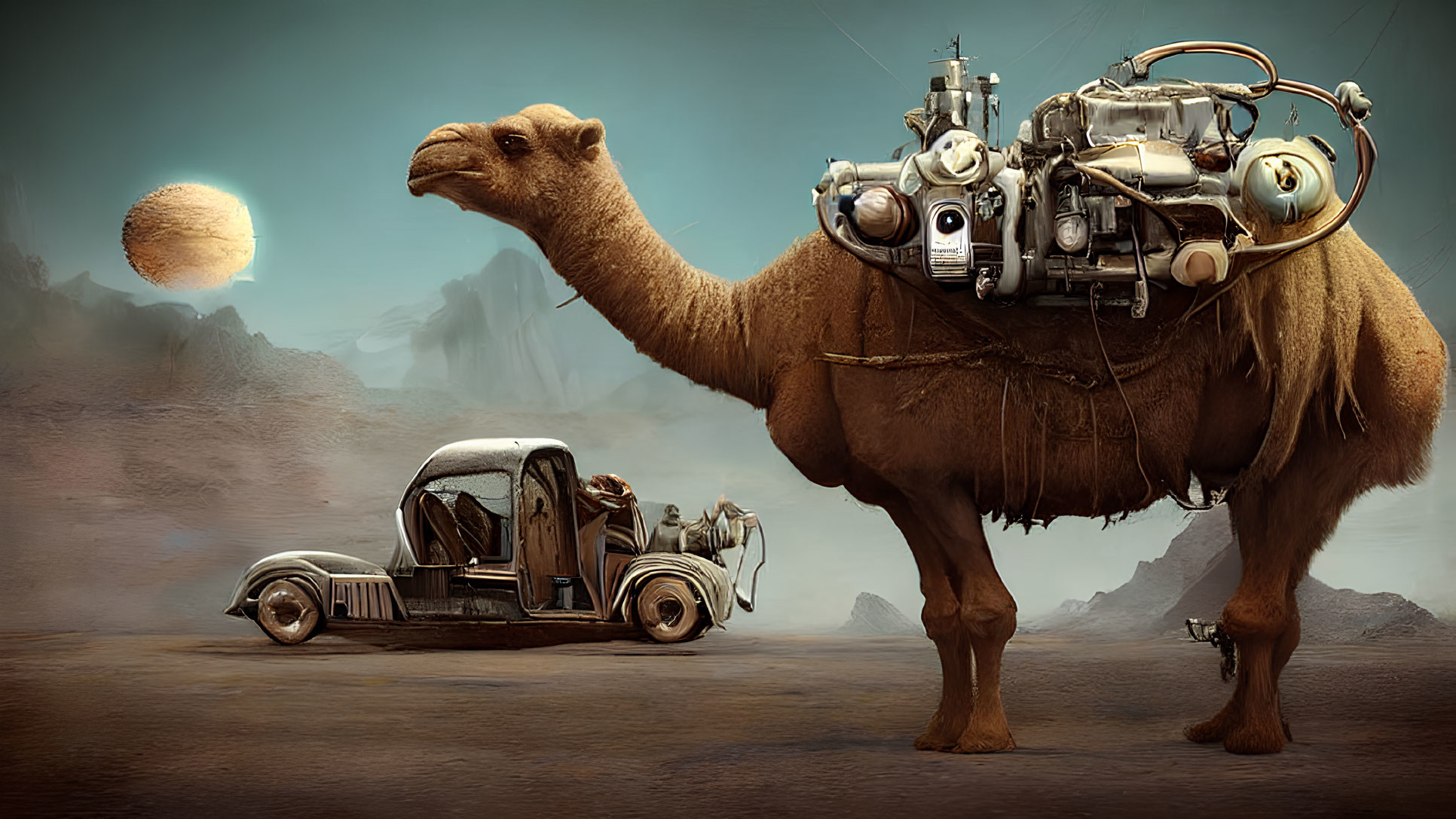 Mechanical camel and classic car under surreal moon in desert landscape