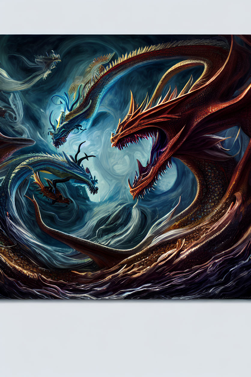 Dragon Battle Artwork with Fiery and Icy Breaths in Swirling Clouds