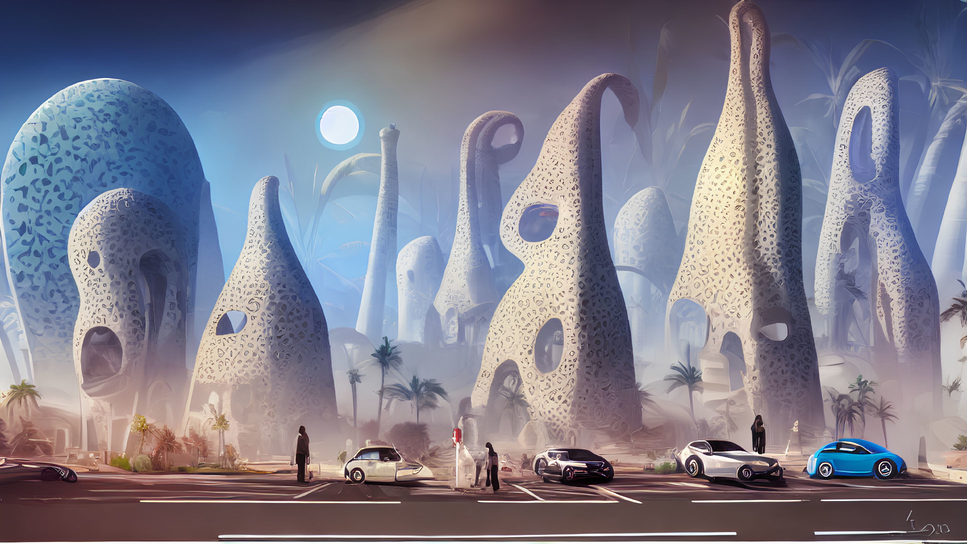 Futuristic cityscape with organic structures, palm trees, cars, pedestrians, and dual moons