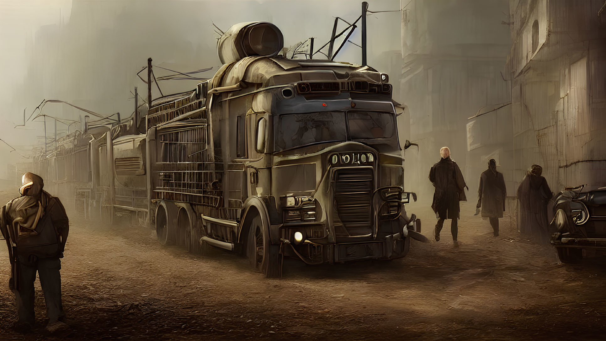Rugged armored truck and people in desolate, foggy street