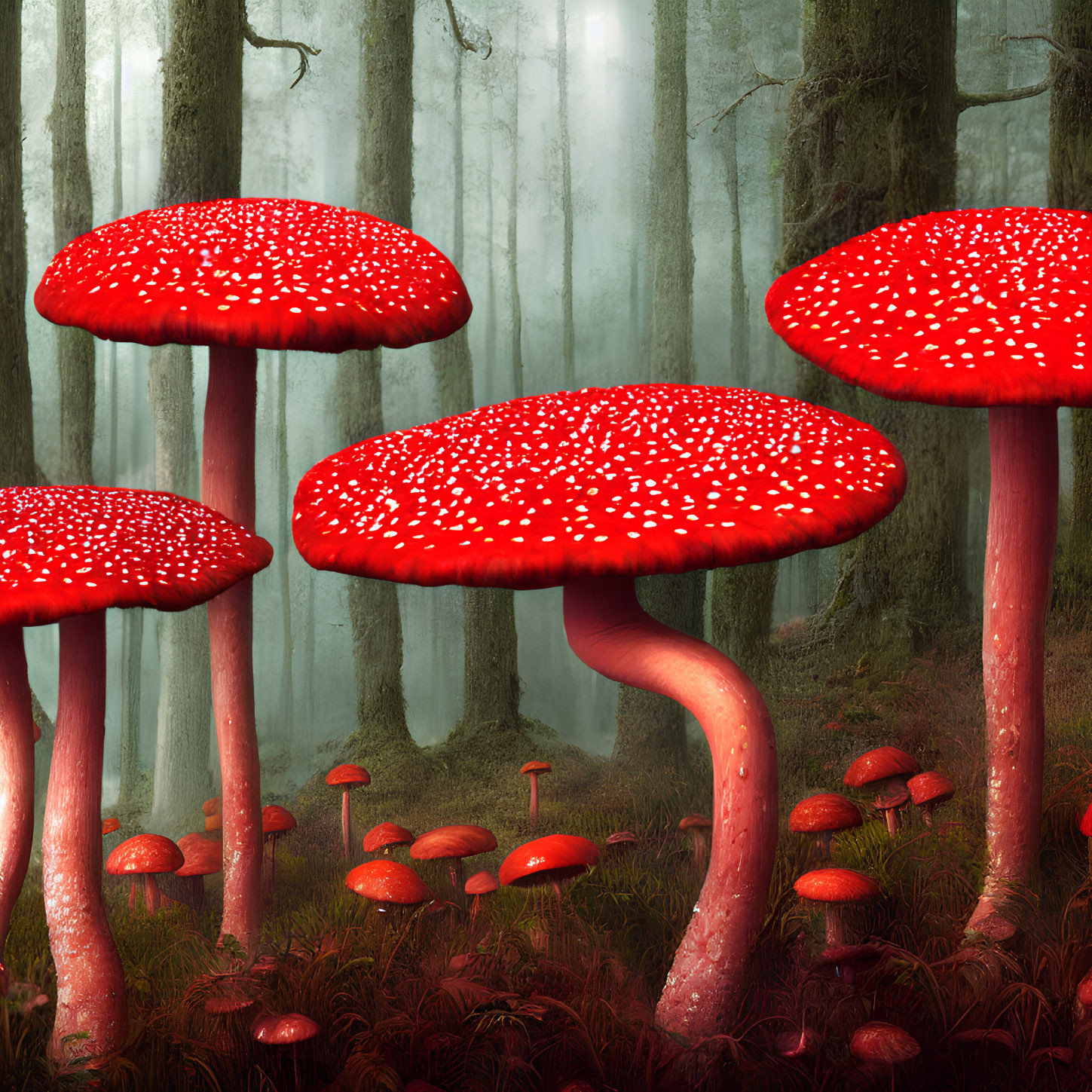 Enchanted forest scene with red-capped mushrooms