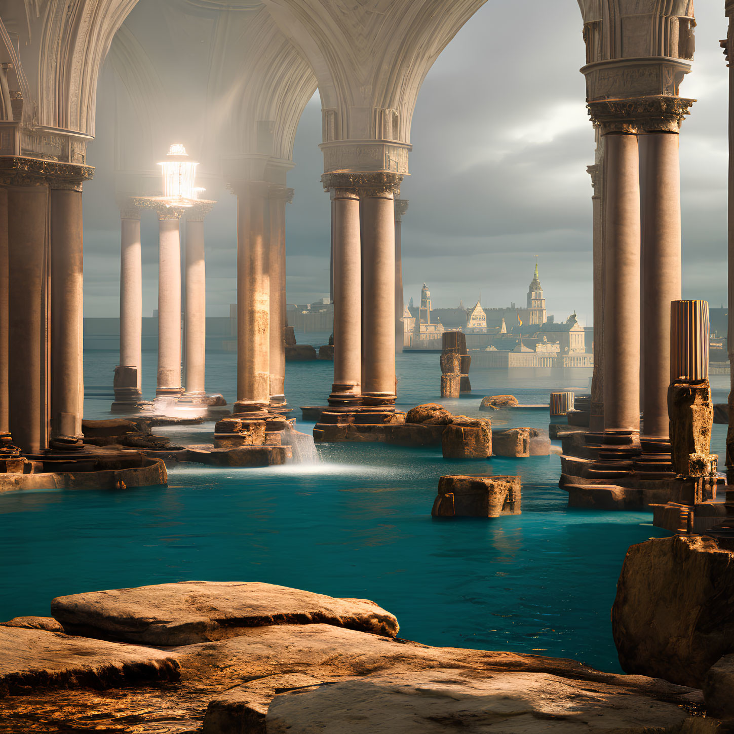 Classical columns frame serene water under sunlight with distant cityscape, creating historical tranquility.