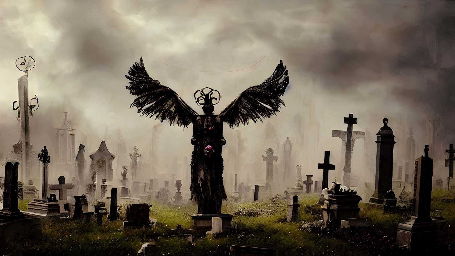 Eerie cemetery with ominous angel statue under overcast sky