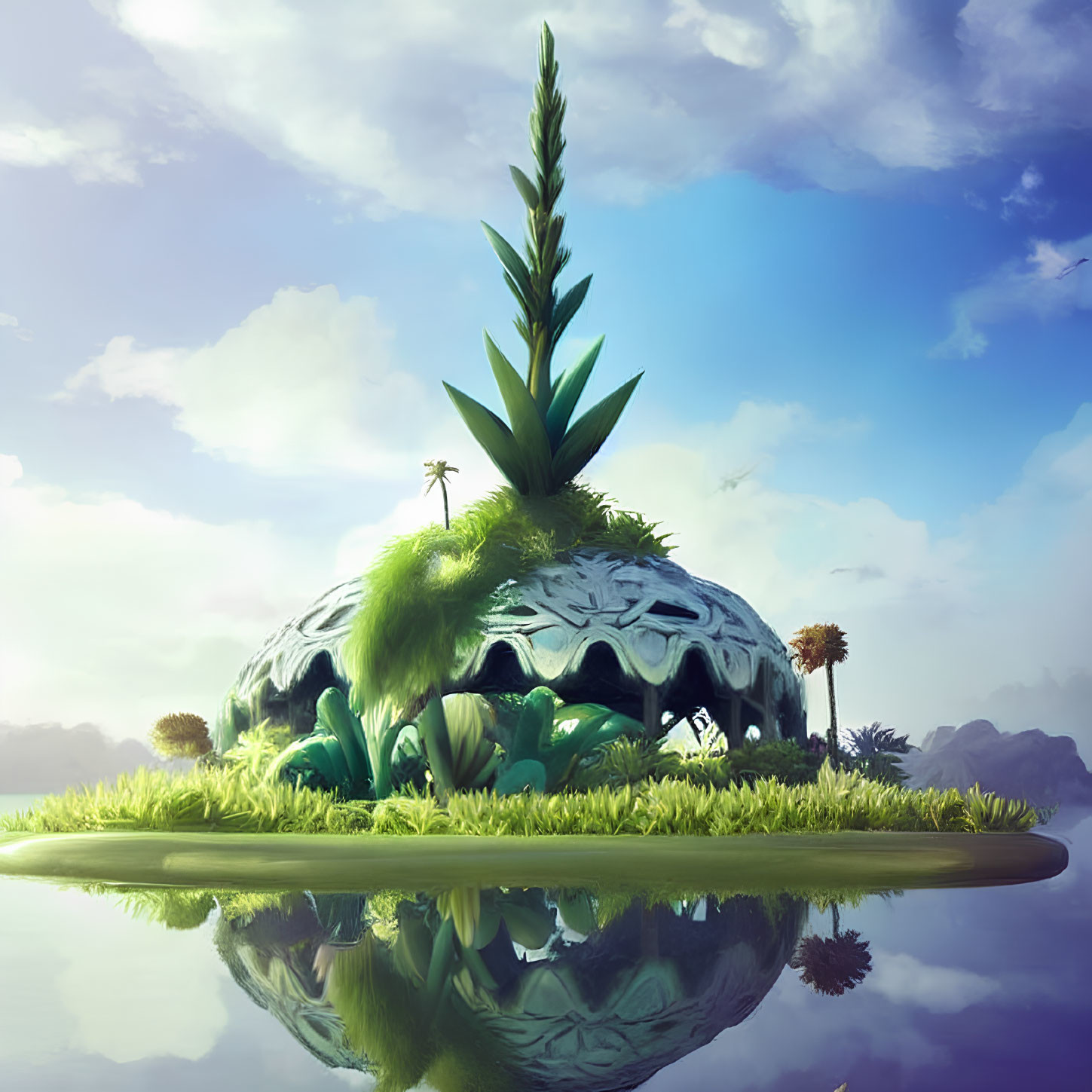 Tranquil illustration of overgrown pineapple on reflective water with mountains.