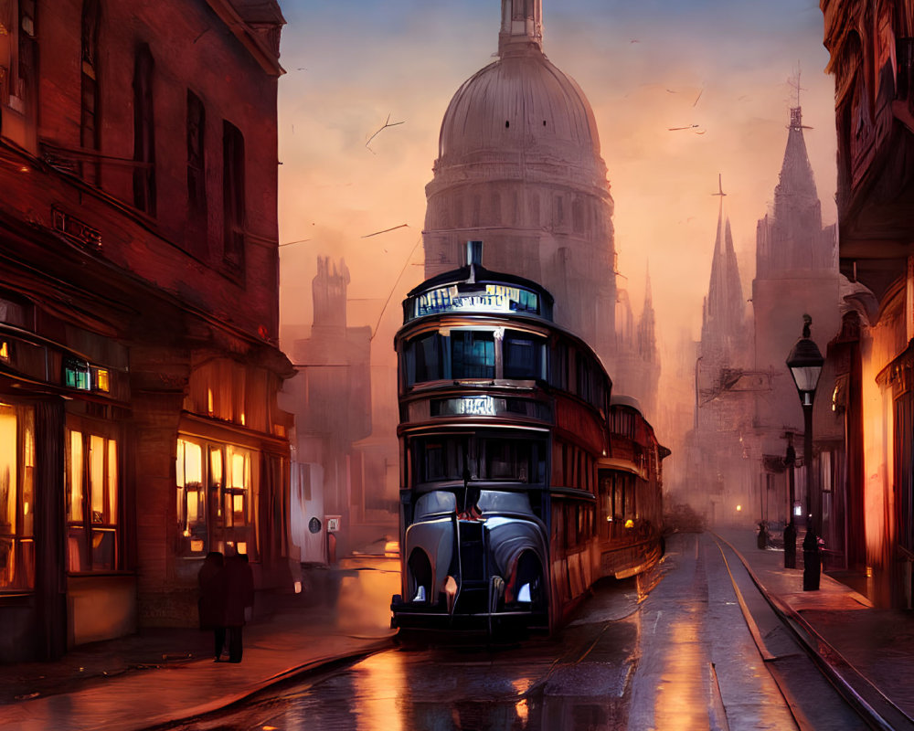 Vintage double-decker bus on cobblestone street near St. Paul's Cathedral at dusk with birds
