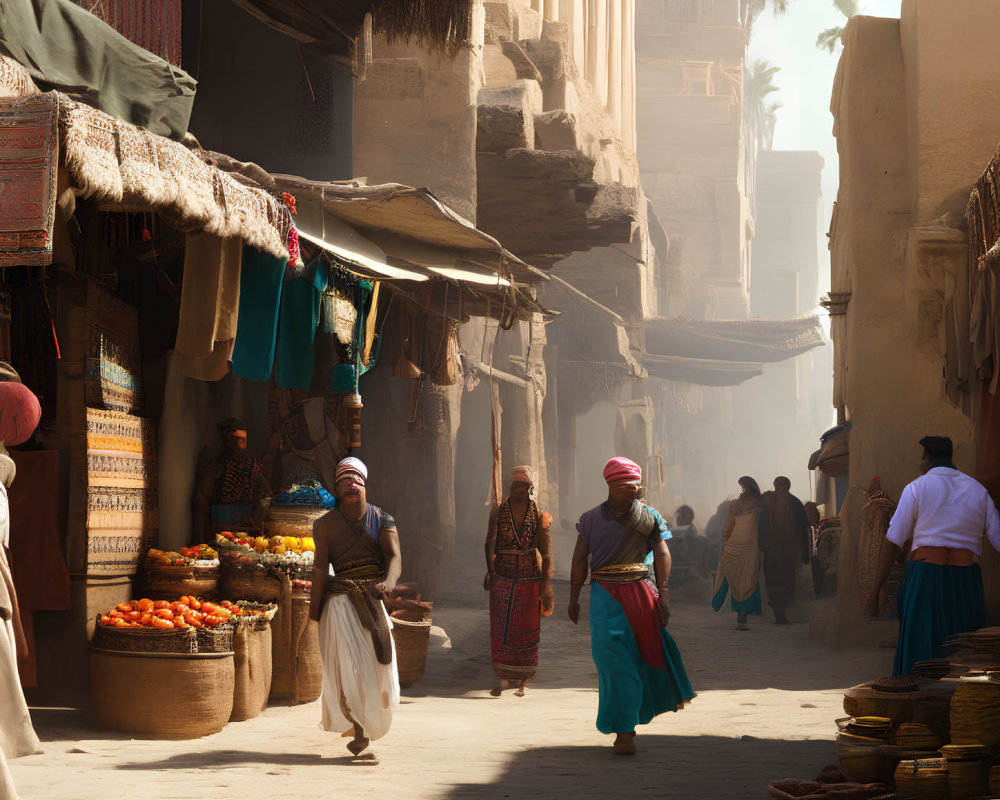 Vibrant Market Street with People, Fabrics, and Fruits in Traditional Bazaar