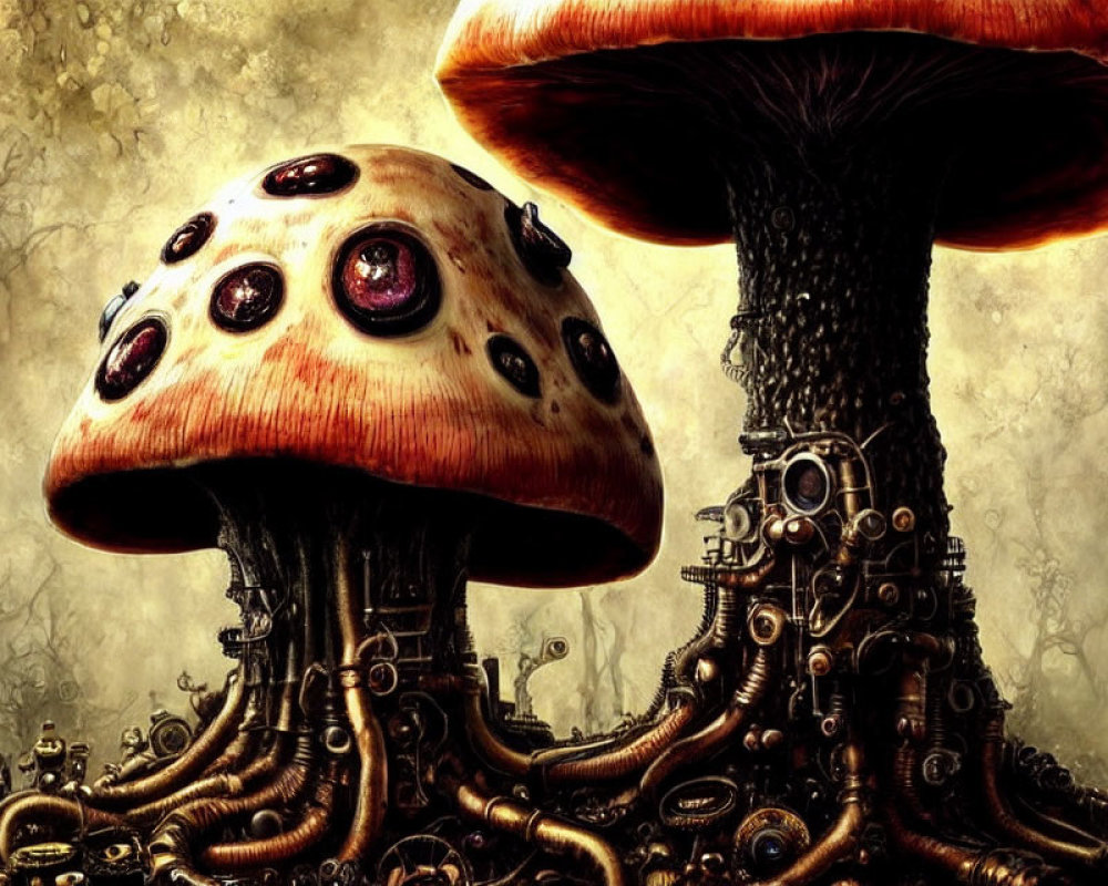 Illustration of eye-patterned mushroom against surreal textures