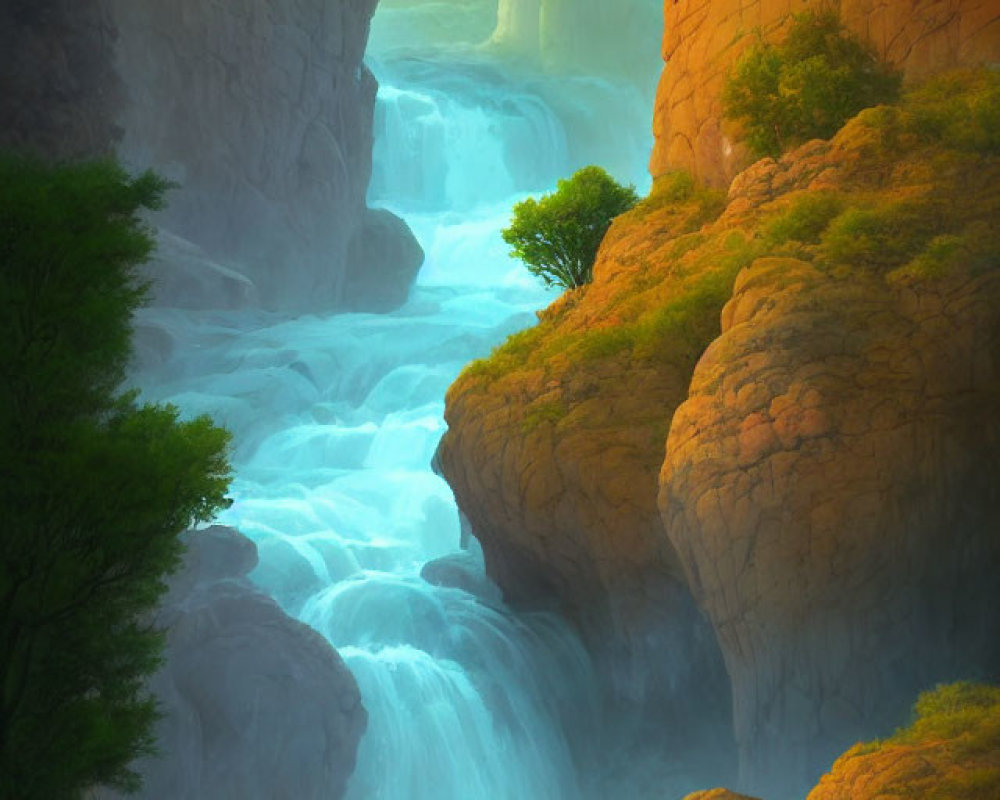 Tranquil river with cascading waterfall and lush cliffs