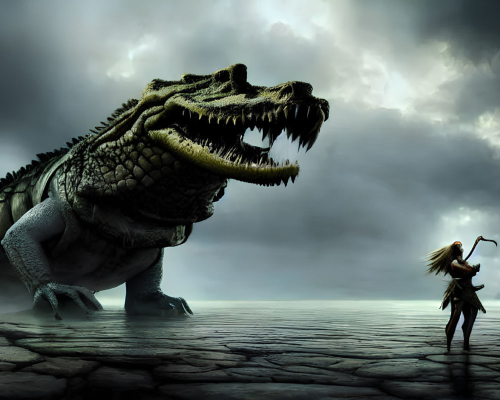 Warrior confronts giant crocodile in desolate landscape