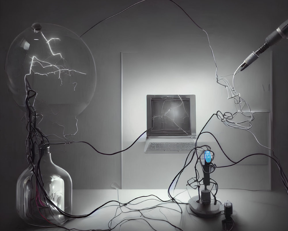 Surreal artwork with glass bulb, lightning, wires, robot, laptop