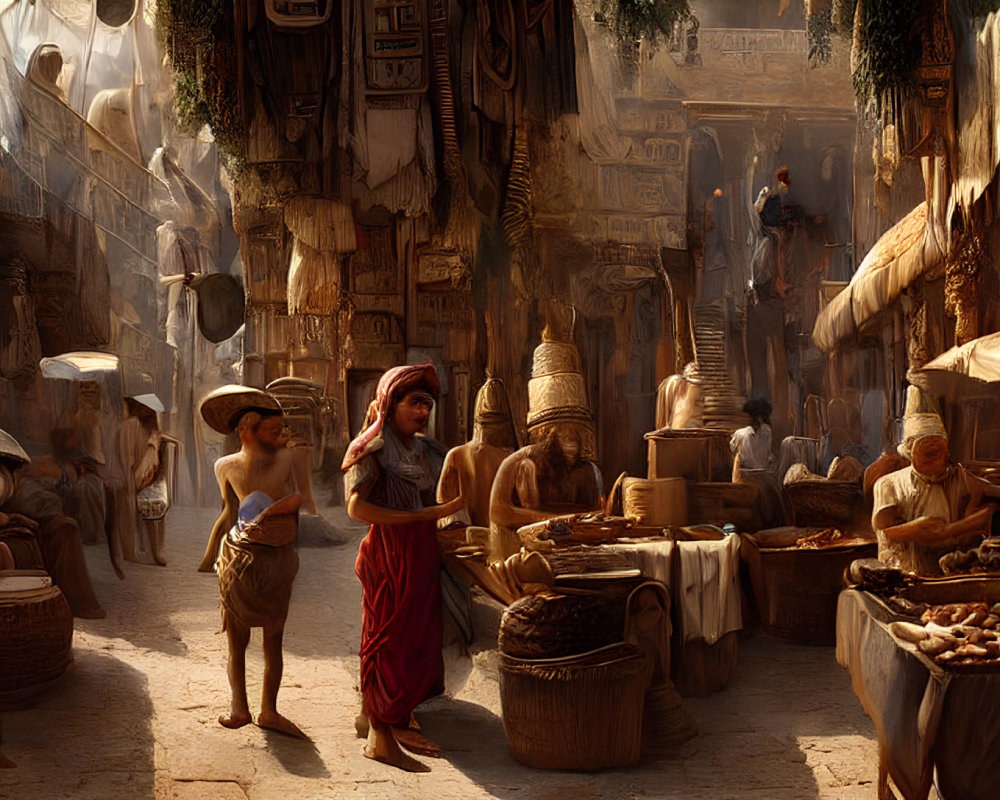 Historical market scene with vendors and townspeople in warm sunlight
