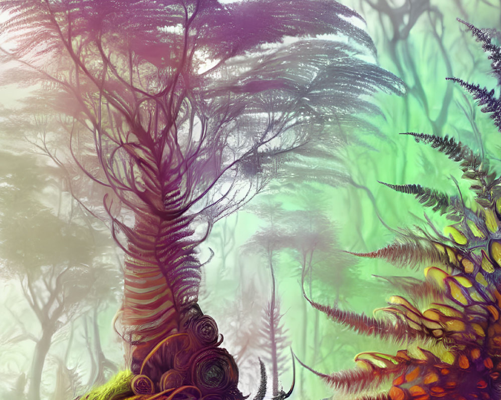 Fantasy forest with twisted trees, oversized ferns, mist, greens, purples, oranges