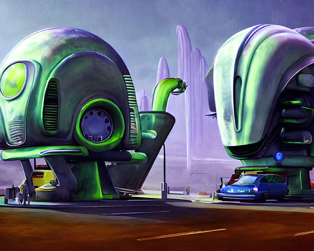 Alien-like architecture in futuristic cityscape with parked blue car