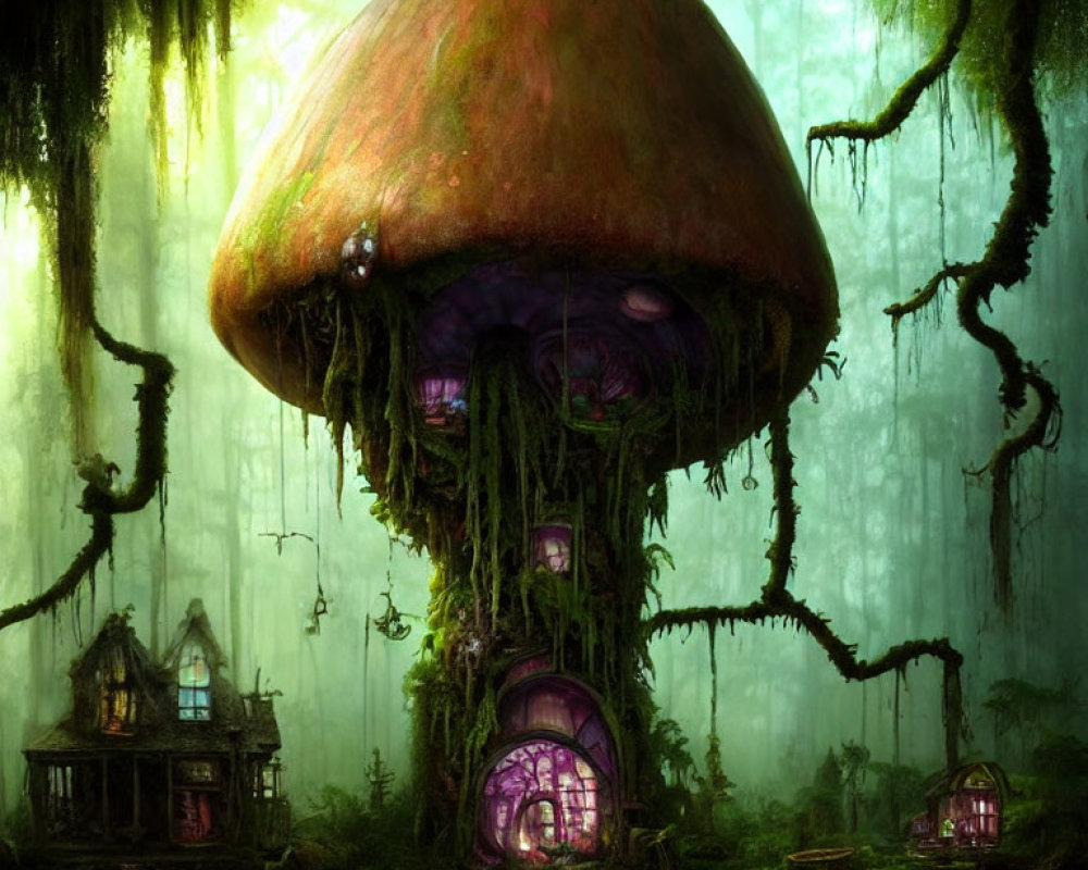 Enchanted forest scene with giant mushroom and magical ambiance