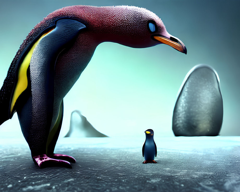 Colorful giant penguin and tiny penguin on icy surface with egg-shaped stones