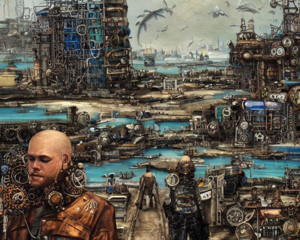 Bald man in futuristic armor in dystopian cityscape