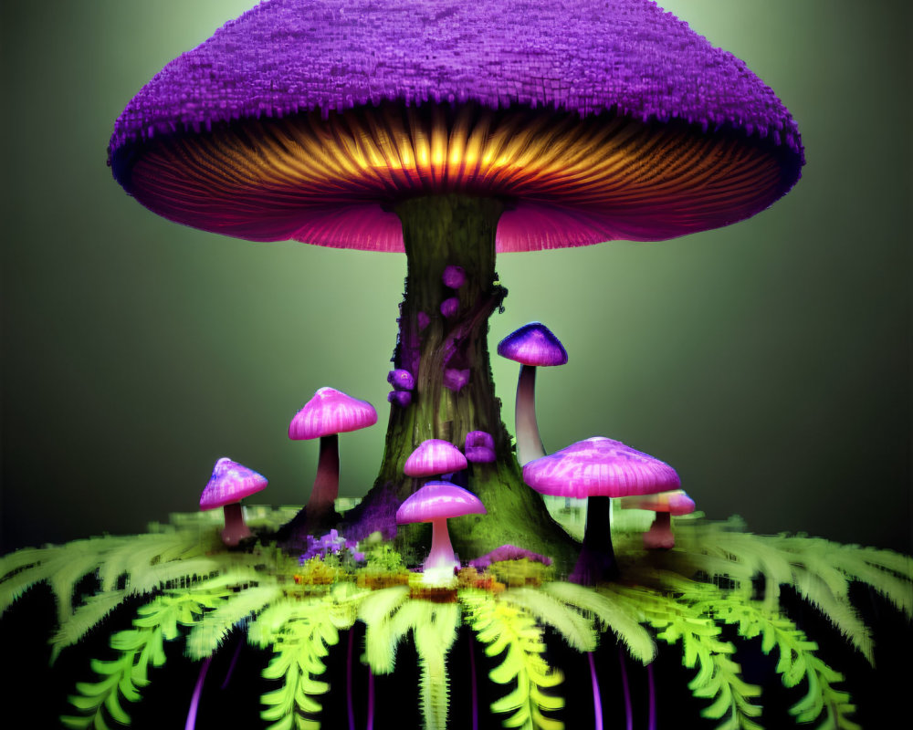 Colorful digital artwork featuring purple mushrooms of varying sizes with a large cap mushroom on top and smaller ones