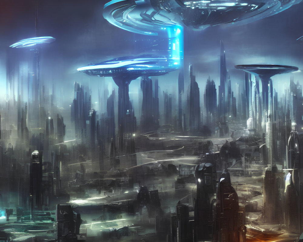 Futuristic night cityscape with skyscrapers, flying platforms, neon lights