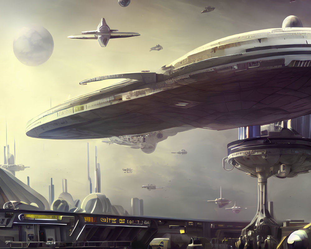 Sleek spaceships and towering structures in a futuristic spaceport