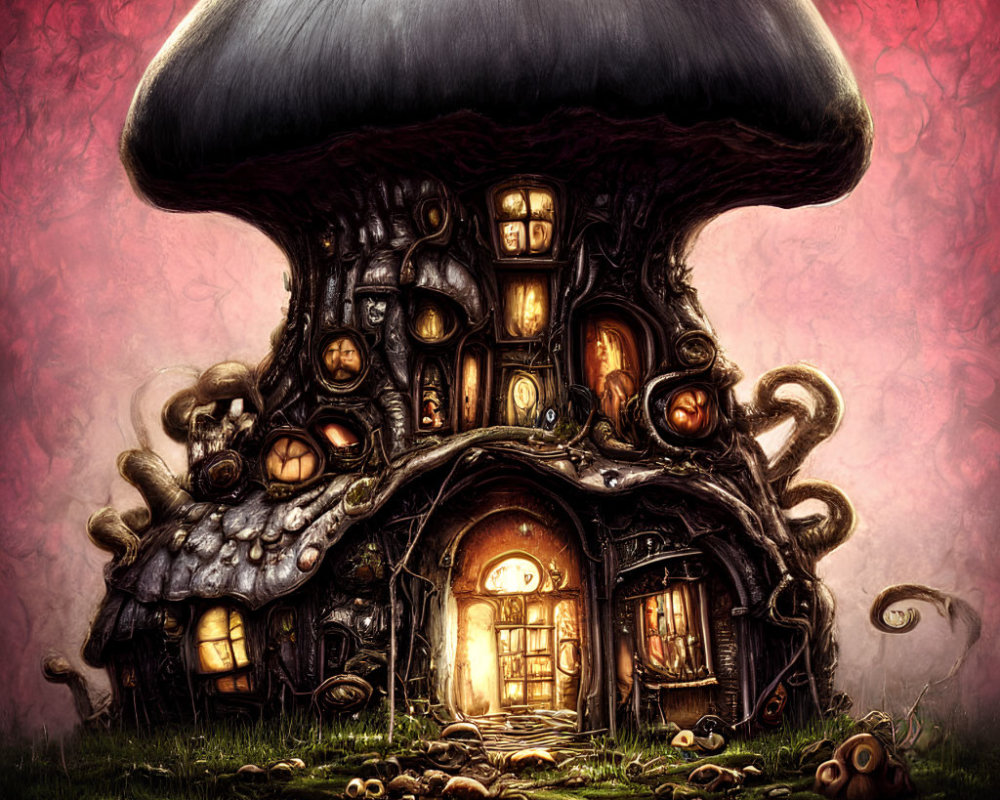 Fantastical Mushroom House Illustration with Glowing Windows