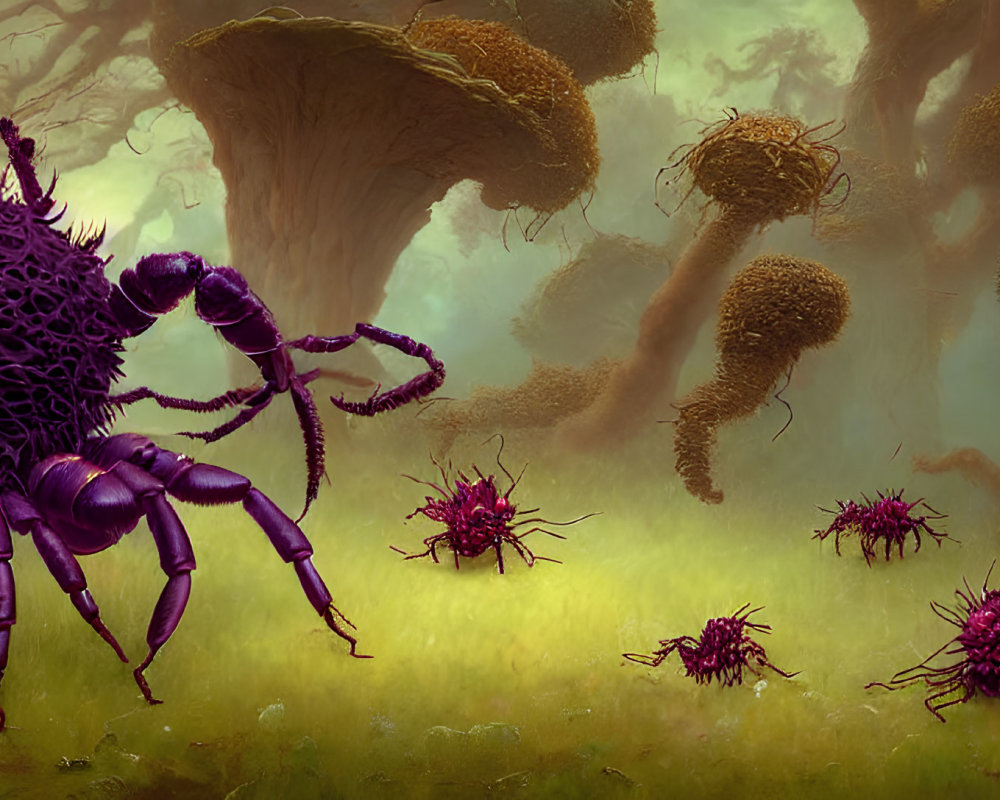 Fantastical forest with oversized purple spider-like creatures under mushroom-like trees