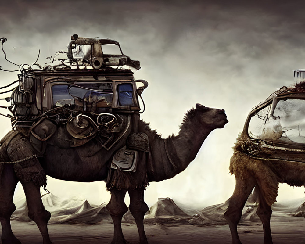 Futuristic camels with mechanical attachments in desert setting