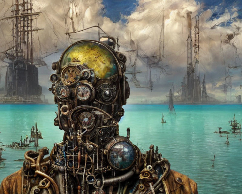 Steampunk-style robot with brass head in harbor setting.